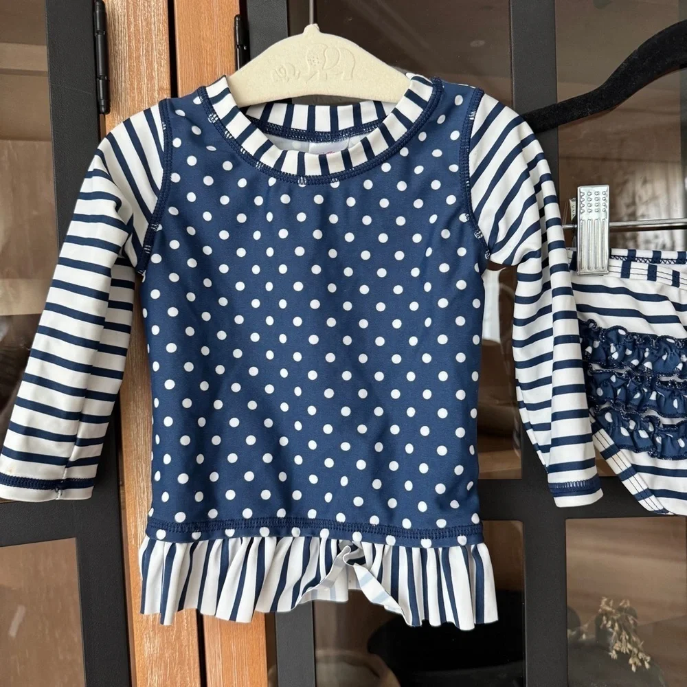 Rufflebutts rashguard swimsuit set ruffles bottoms long sleeve top navy striped
